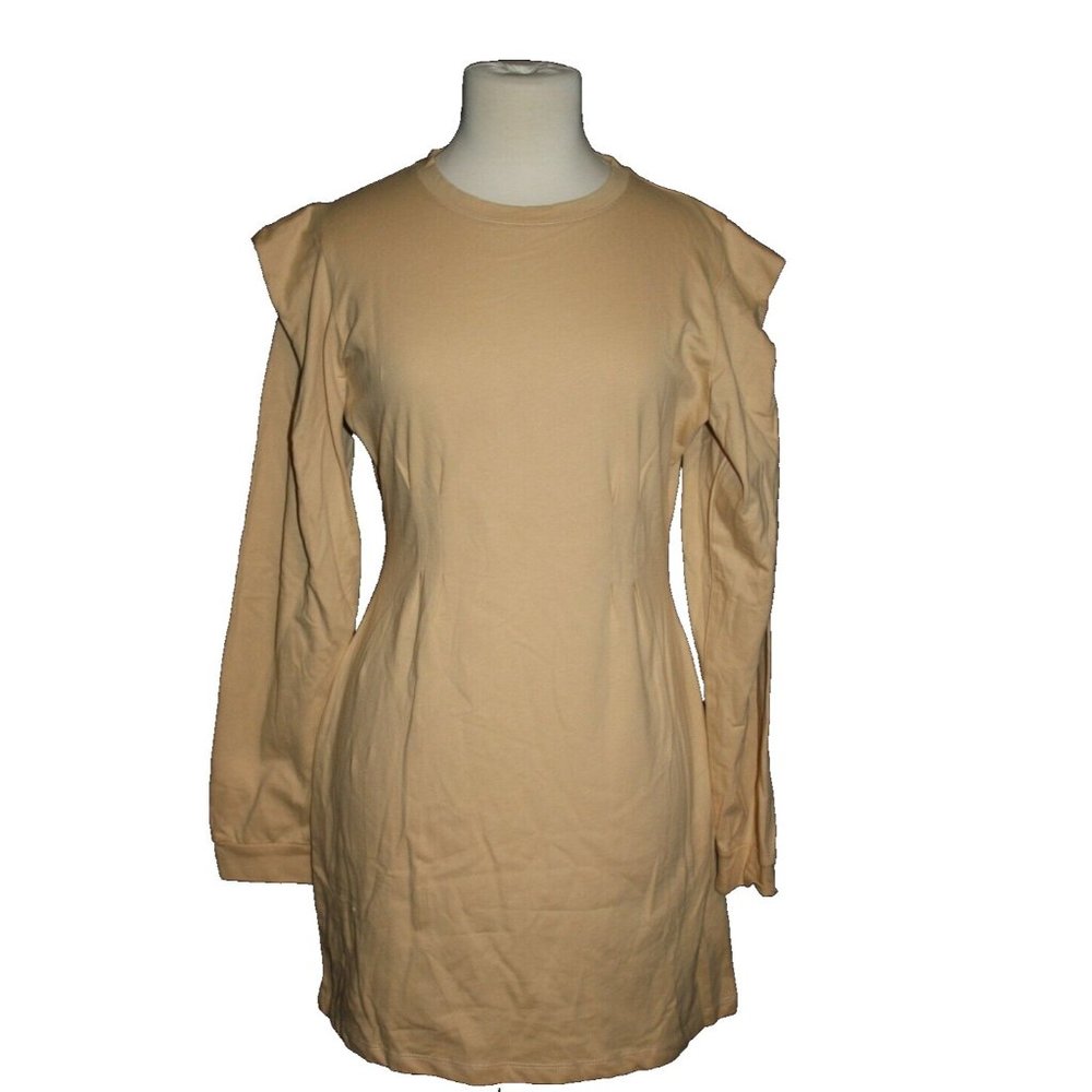 Nasty Gal  Dress Fitted Long Sleeve Beige Oatmeal Tan Size 4 Midi NEW NWT
